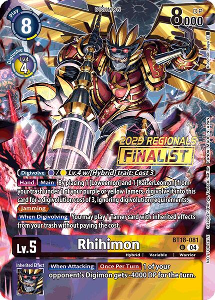 Rhihimon [BT18-081] (2025 Regionals Finalist) [Release Special Booster Ver.2.0 Promos] | Shuffle n Cut Hobbies & Games
