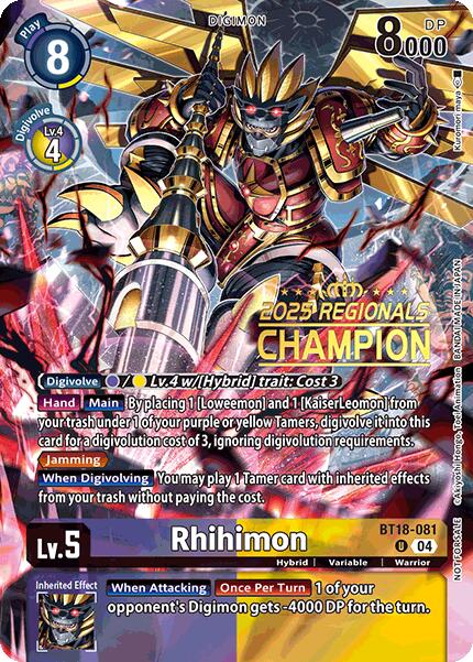 Rhihimon [BT18-081] (2025 Regionals Champion) [Release Special Booster Ver.2.0 Promos] | Shuffle n Cut Hobbies & Games