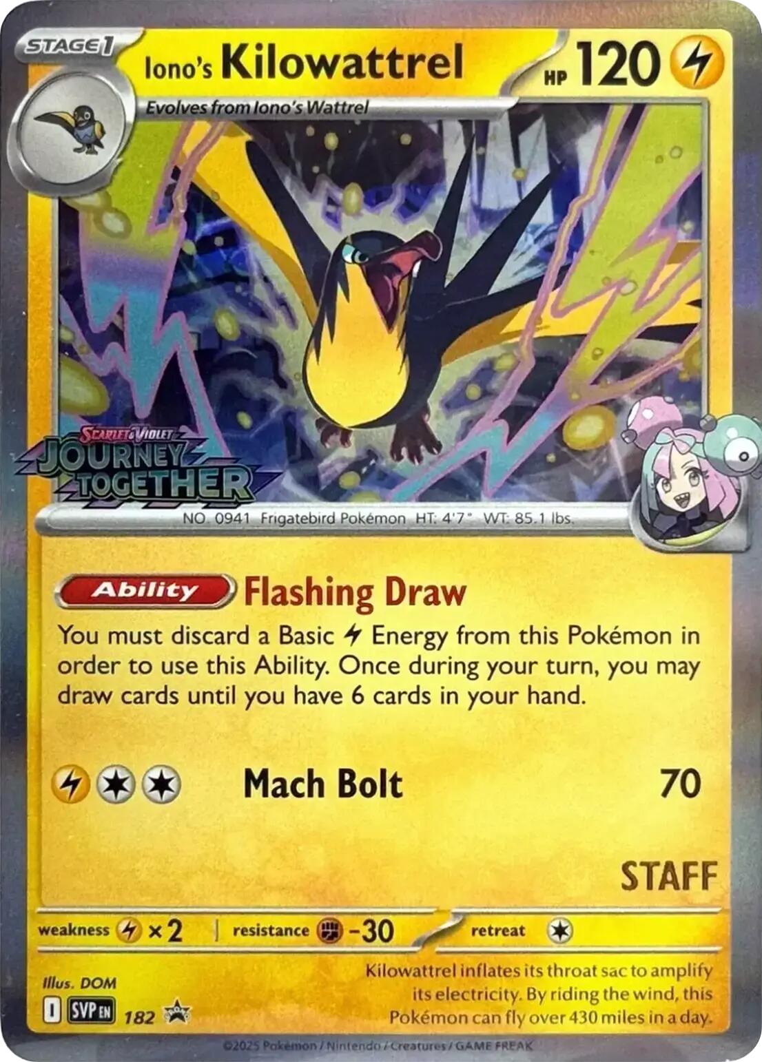 Iono's Kilowattrel (182) (Prerelease Staff) [Scarlet & Violet: Black Star Promos] | Shuffle n Cut Hobbies & Games