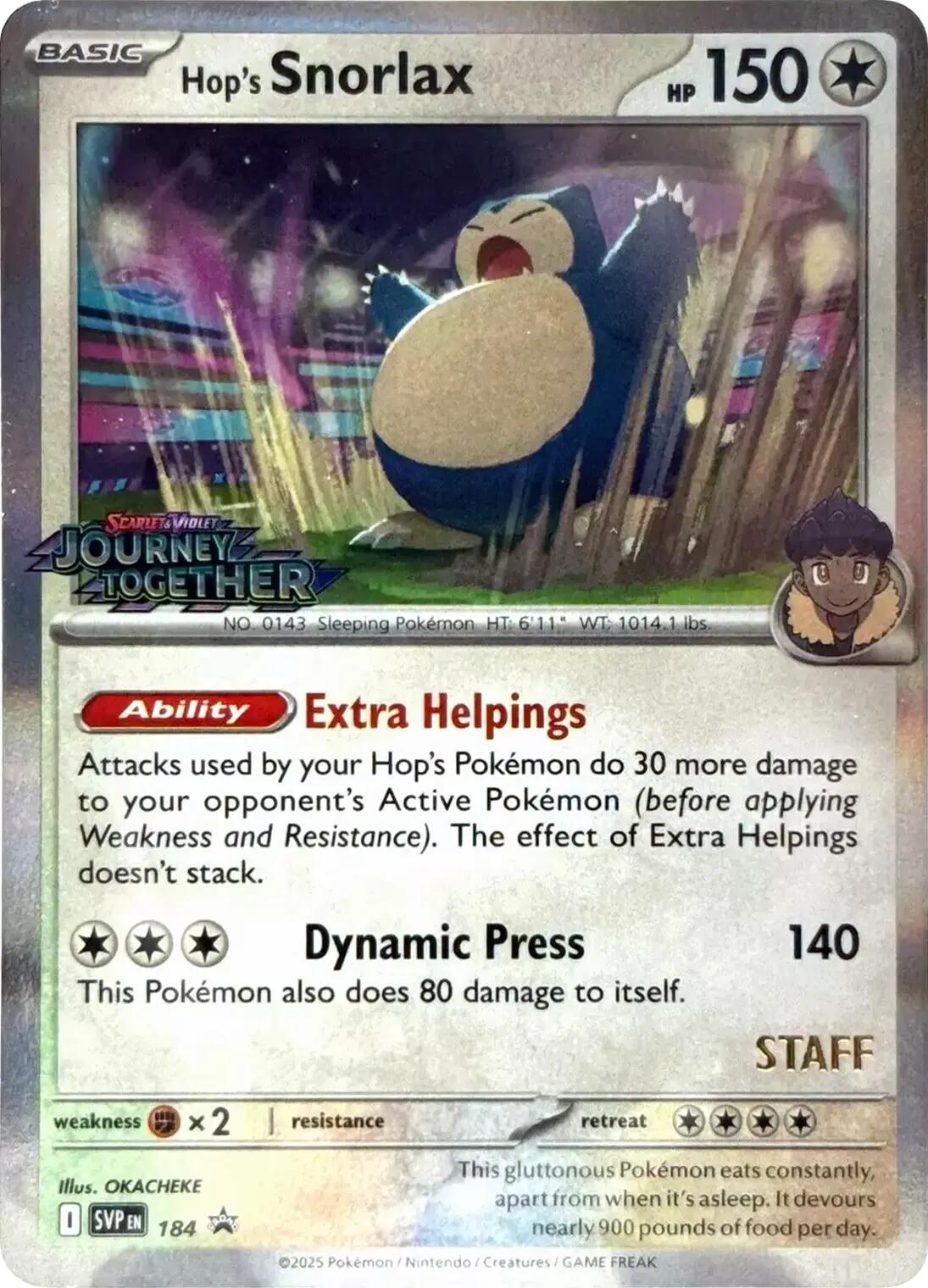 Hop's Snorlax (184) (Prerelease Staff) [Scarlet & Violet: Black Star Promos] | Shuffle n Cut Hobbies & Games