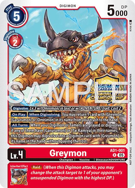 Greymon [AD1-001] - AD1-001 (World Championship 26–27 Regionals Season 1) [Advanced Booster Digimon Generation] | Shuffle n Cut Hobbies & Games