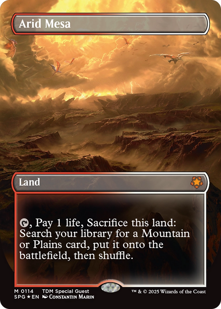 Arid Mesa (Borderless) (Dragonscale Foil) [Tarkir: Dragonstorm Special Guests] | Shuffle n Cut Hobbies & Games