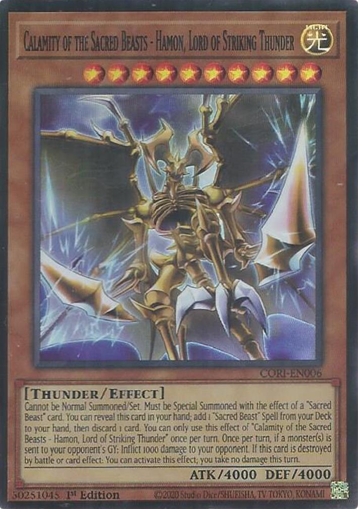 Calamity of the Sacred Beasts - Hamon, Lord of Striking Thunder [CORI-EN006] Super Rare | Shuffle n Cut Hobbies & Games