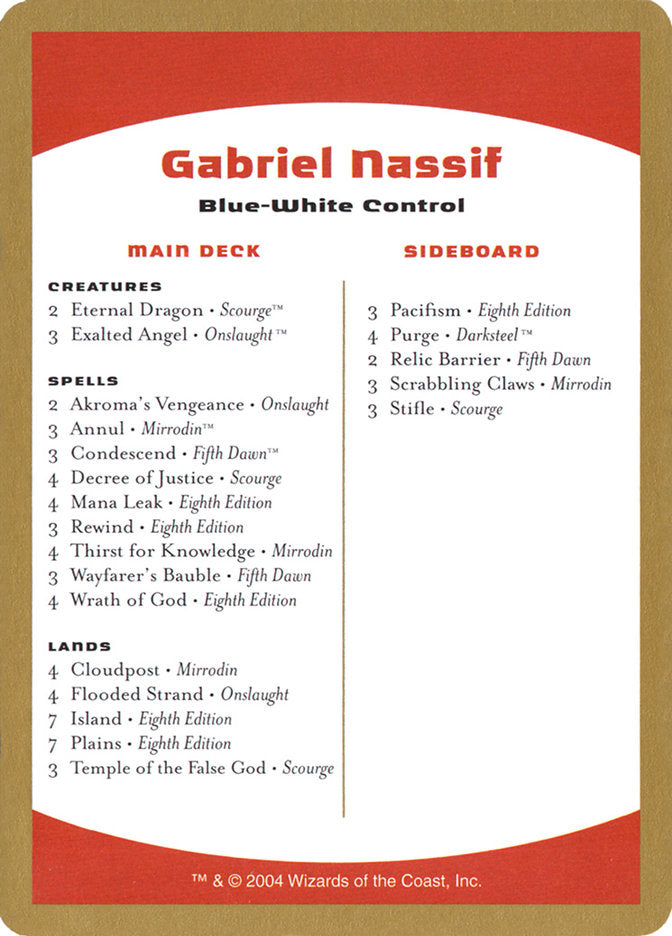 Gabriel Nassif Decklist [World Championship Decks 2004] | Shuffle n Cut Hobbies & Games