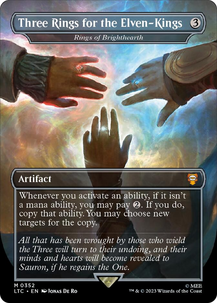 Three Rings for the Elven-Kings - Rings of Brighthearth (Borderless) (Surge Foil) [The Lord of the Rings: Tales of Middle-Earth Commander] | Shuffle n Cut Hobbies & Games