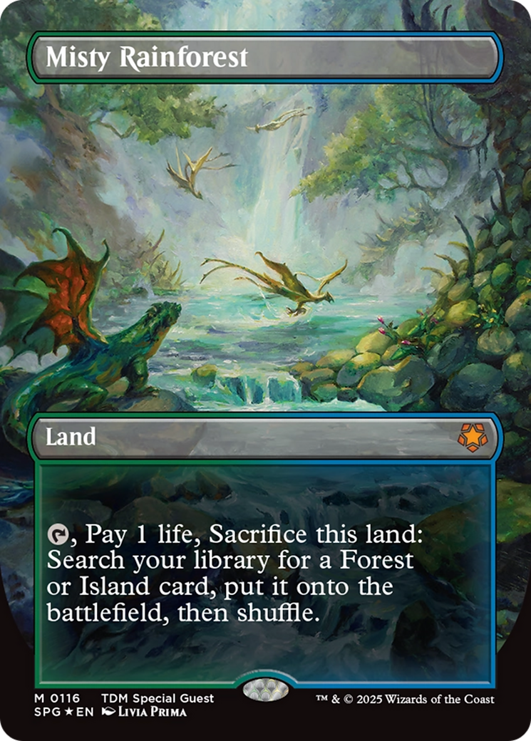 Misty Rainforest (Borderless) (Dragonscale Foil) [Tarkir: Dragonstorm Special Guests] | Shuffle n Cut Hobbies & Games