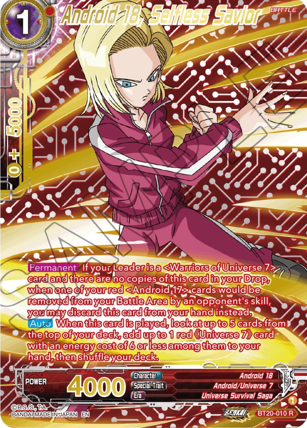 Android 18, Selfless Savior (Gold-Stamped) (BT20-010) [Power Absorbed] | Shuffle n Cut Hobbies & Games