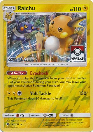 Raichu (41/147) (League Promo 2nd Place) [Sun & Moon: Burning Shadows] | Shuffle n Cut Hobbies & Games