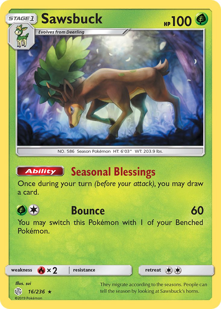 Sawsbuck (16/236) (Prerelease Kit Exclusive) (Theme Deck Exclusive) [Sun & Moon: Cosmic Eclipse] | Shuffle n Cut Hobbies & Games