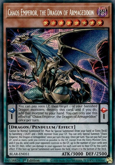 Chaos Emperor, the Dragon of Armageddon [BLAR-EN051] Secret Rare | Shuffle n Cut Hobbies & Games