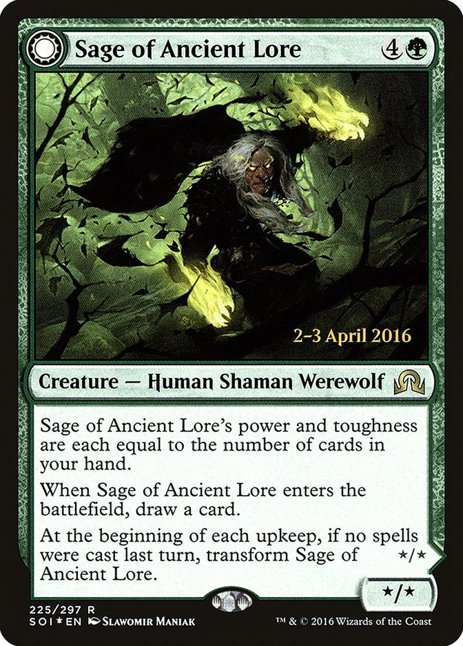 Sage of Ancient Lore // Werewolf of Ancient Hunger [Shadows over Innistrad Prerelease Promos] | Shuffle n Cut Hobbies & Games