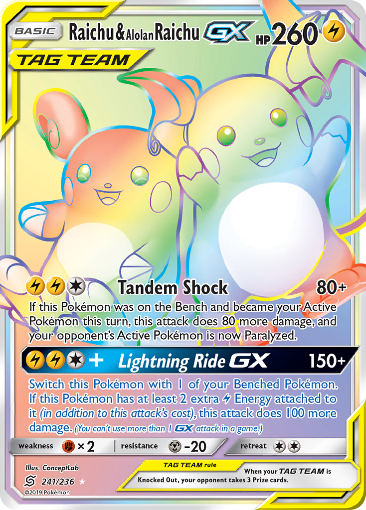 Raichu & Alolan Raichu GX (241/236) [Sun & Moon: Unified Minds] | Shuffle n Cut Hobbies & Games