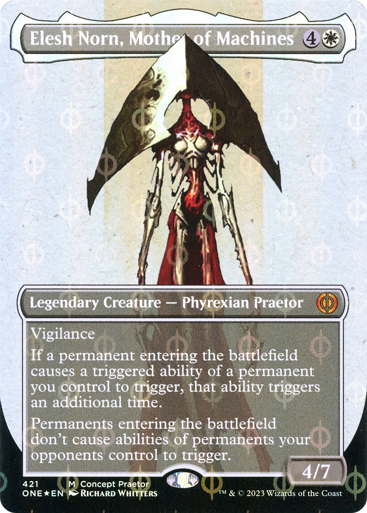 Elesh Norn, Mother of Machines (Borderless Concept Praetors Step-and-Compleat Foil) [Phyrexia: All Will Be One] | Shuffle n Cut Hobbies & Games