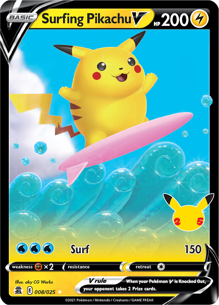 Surfing Pikachu V (008/025) [Celebrations: 25th Anniversary] | Shuffle n Cut Hobbies & Games