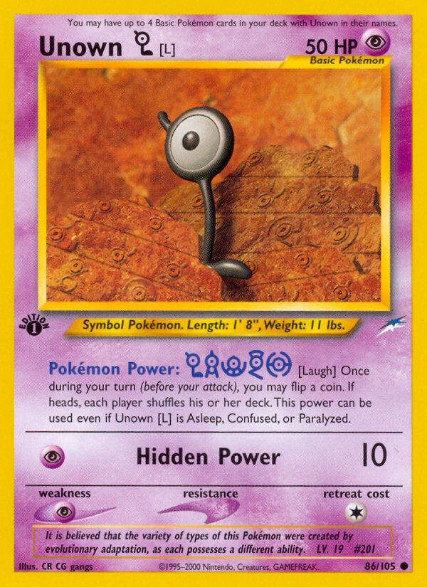 Unown [L] (86/105) [Neo Destiny 1st Edition] | Shuffle n Cut Hobbies & Games