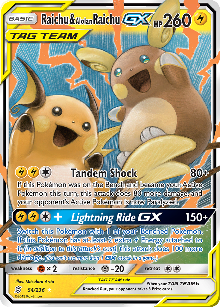 Raichu & Alolan Raichu GX (54/236) [Sun & Moon: Unified Minds] | Shuffle n Cut Hobbies & Games