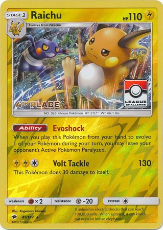 Raichu (41/147) (League Promo 4th Place) [Sun & Moon: Burning Shadows] | Shuffle n Cut Hobbies & Games