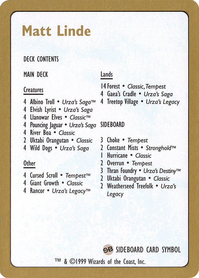 Matt Linde Decklist [World Championship Decks 1999] | Shuffle n Cut Hobbies & Games