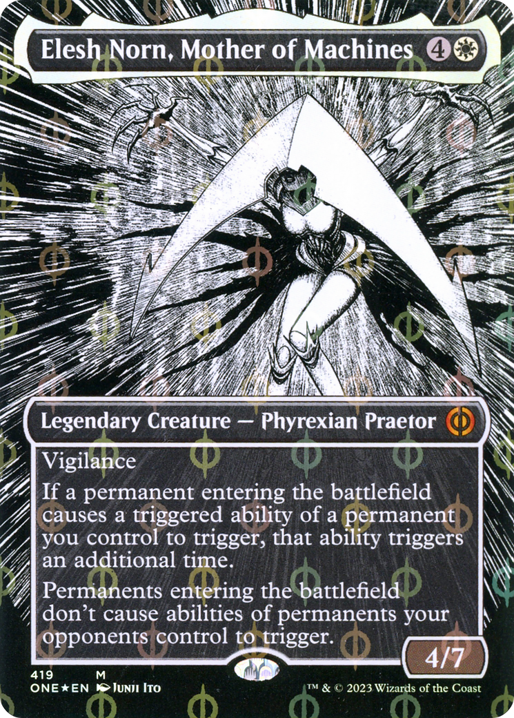 Elesh Norn, Mother of Machines (Borderless Manga Step-and-Compleat Foil) [Phyrexia: All Will Be One] | Shuffle n Cut Hobbies & Games