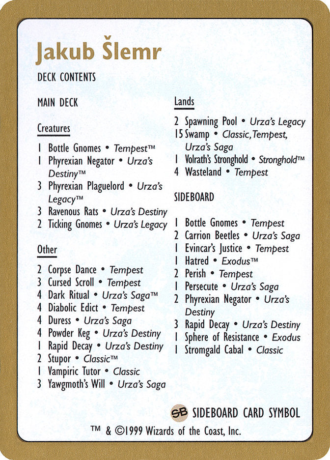 Jakub Slemr Decklist [World Championship Decks 1999] | Shuffle n Cut Hobbies & Games