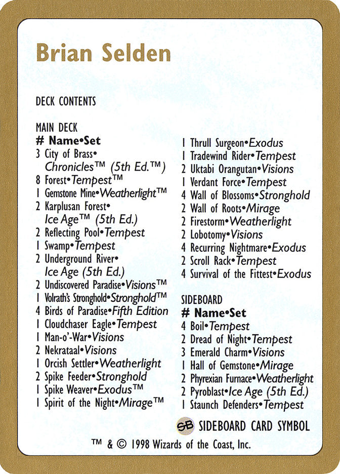 Brian Selden Decklist [World Championship Decks 1998] | Shuffle n Cut Hobbies & Games