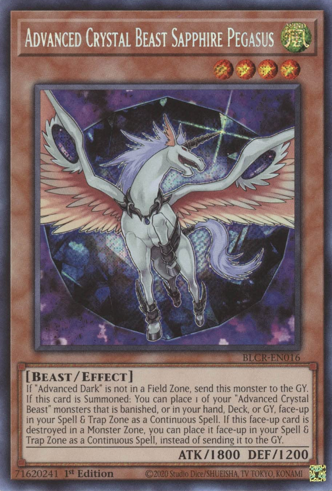 Advanced Crystal Beast Sapphire Pegasus [BLCR-EN016] Secret Rare | Shuffle n Cut Hobbies & Games