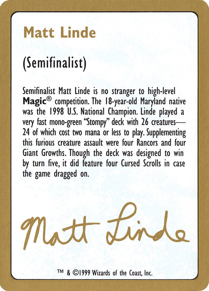 Matt Linde Bio [World Championship Decks 1999] | Shuffle n Cut Hobbies & Games