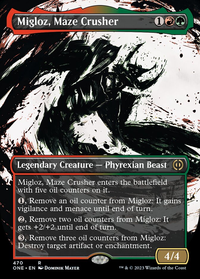 Migloz, Maze Crusher (Borderless Ichor Step-and-Compleat Foil) [Phyrexia: All Will Be One] | Shuffle n Cut Hobbies & Games